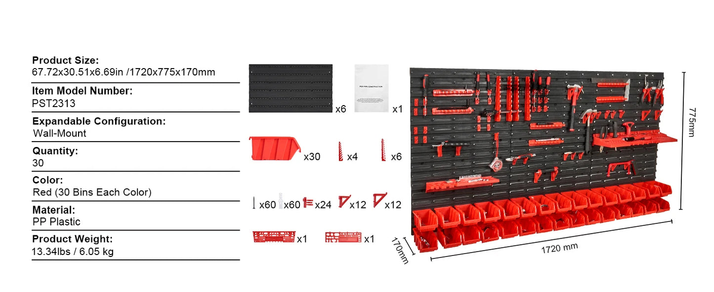 Wall Mounted Storage Bins 30/48Bin Parts Rack Organizer Garage with Wall Panels Hooks Plastic Shop Tool for Screw Nails