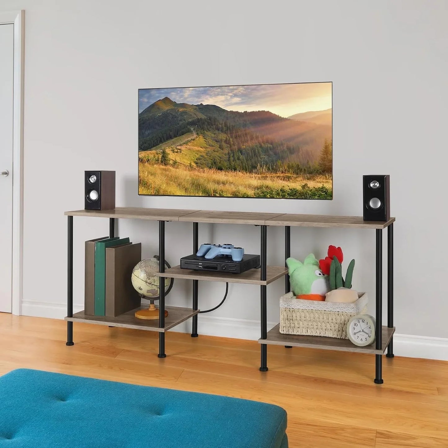Farmhouse 50" TV Stand with Built-in Outlets & 3-Tier Storage - Multi-Room Media Console for 50/43/40/32" TVs, Rustic Grey