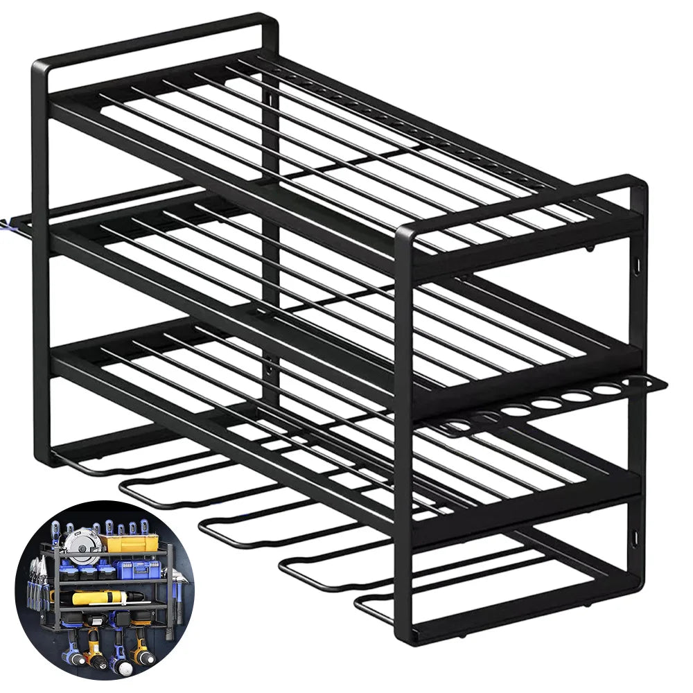 Heavy-Duty Wall-Mounted Power Tool Organizer – Metal Rack for Workshop, Garage, or Shed