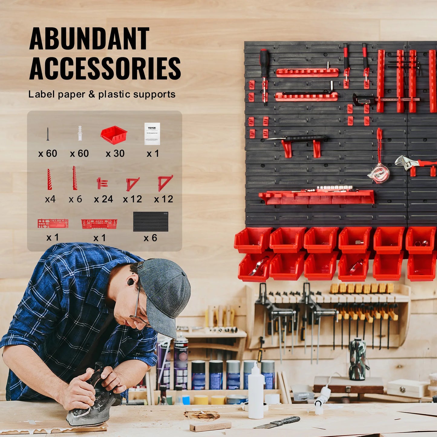 Wall Mounted Storage Bins 30/48Bin Parts Rack Organizer Garage with Wall Panels Hooks Plastic Shop Tool for Screw Nails