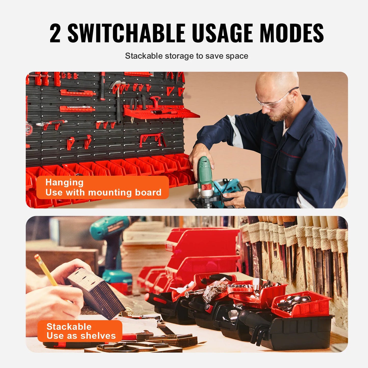 Wall Mounted Storage Bins 30/48Bin Parts Rack Organizer Garage with Wall Panels Hooks Plastic Shop Tool for Screw Nails