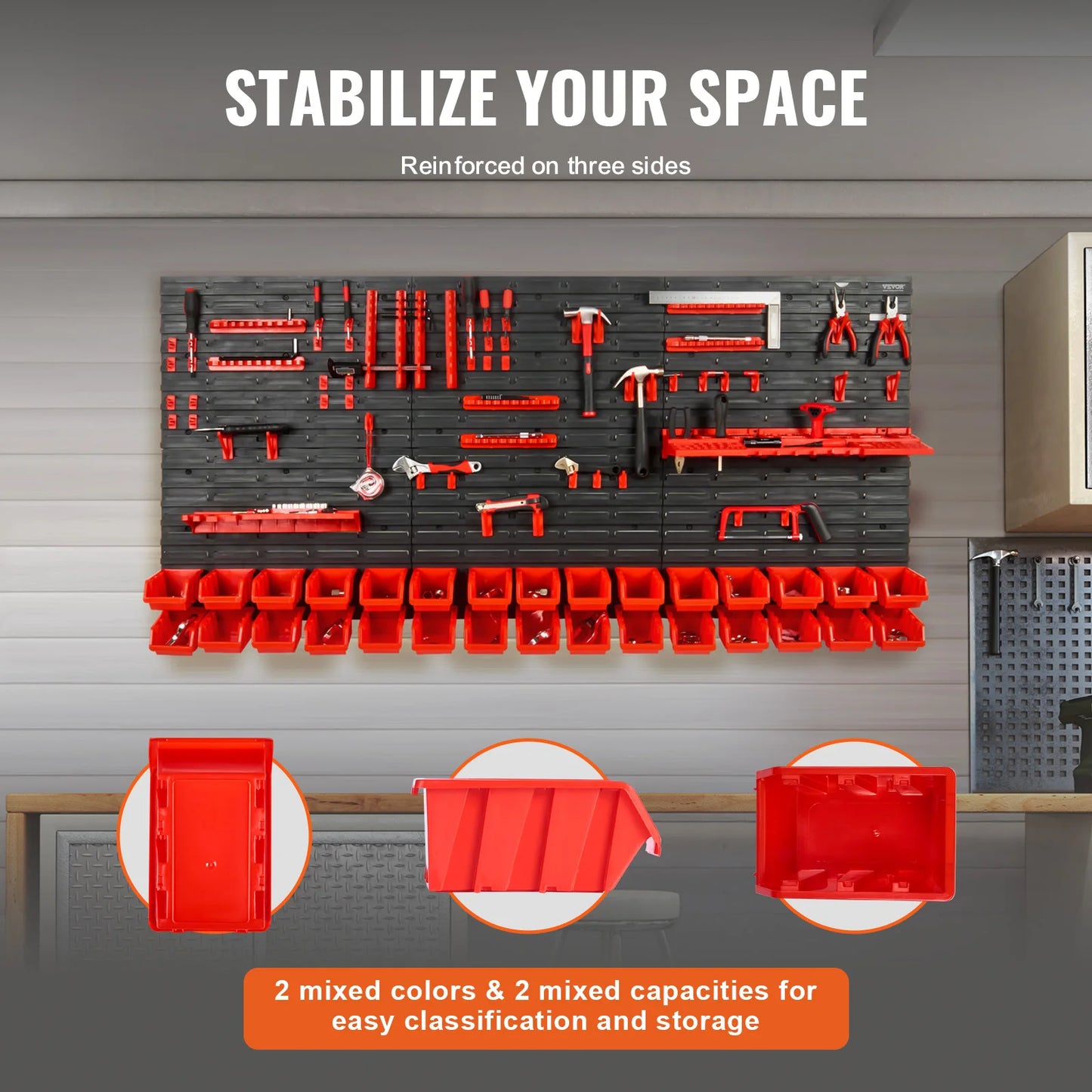 Wall Mounted Storage Bins 30/48Bin Parts Rack Organizer Garage with Wall Panels Hooks Plastic Shop Tool for Screw Nails
