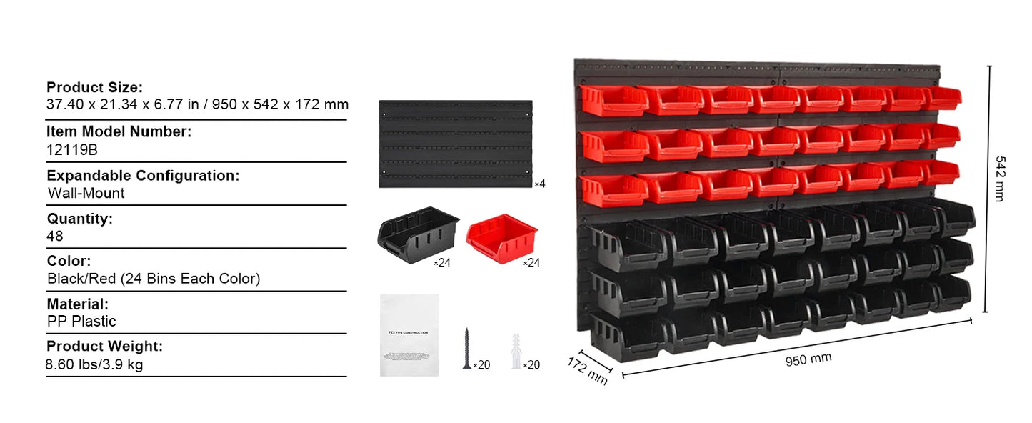 Wall Mounted Storage Bins 30/48Bin Parts Rack Organizer Garage with Wall Panels Hooks Plastic Shop Tool for Screw Nails