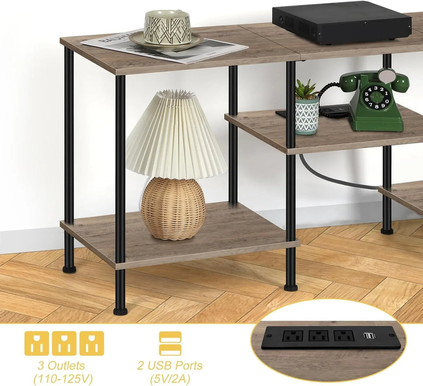 Farmhouse 50" TV Stand with Built-in Outlets & 3-Tier Storage - Multi-Room Media Console for 50/43/40/32" TVs, Rustic Grey