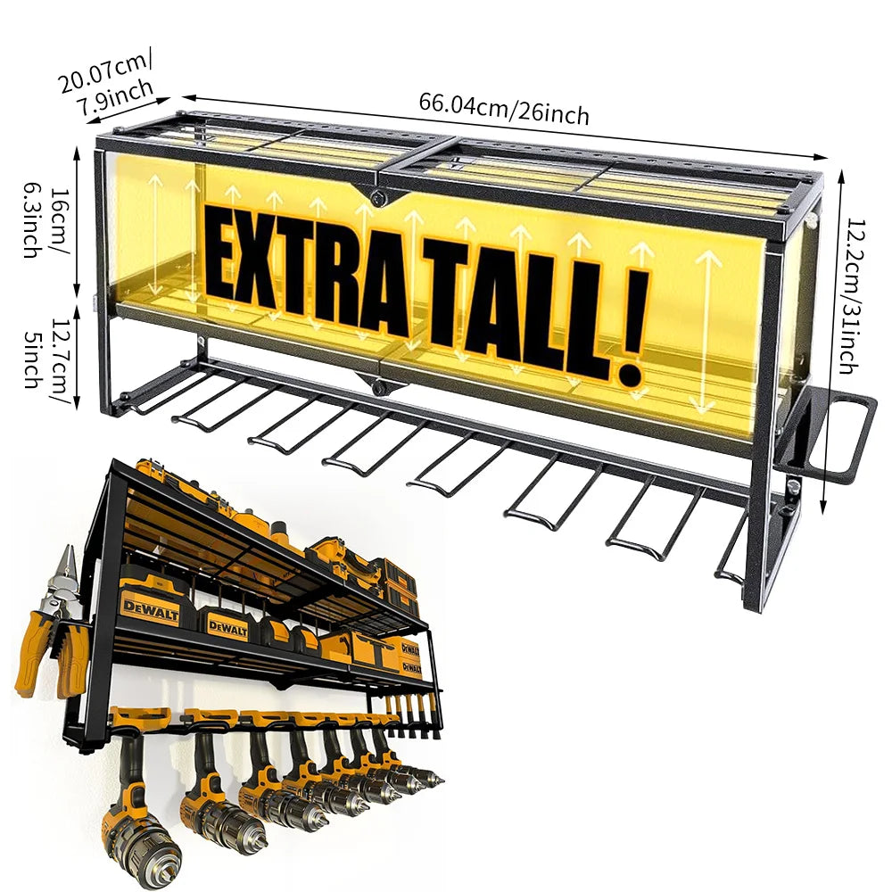 Heavy-Duty Wall-Mounted Power Tool Organizer – Metal Rack for Workshop, Garage, or Shed