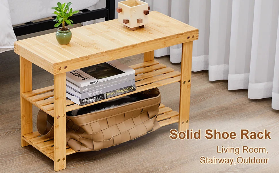 3-Tier Bamboo Shoe Rack Bench – Sturdy Entryway Organizer & Seat (Supports 286 lbs)